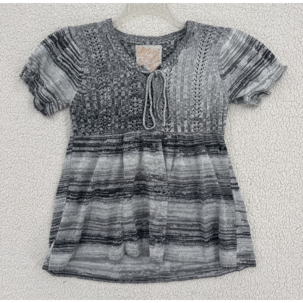 Love Rocks Sweater Women Size L Gray Babydoll Y2K Ragian Sleeve Crochet Tie Neck